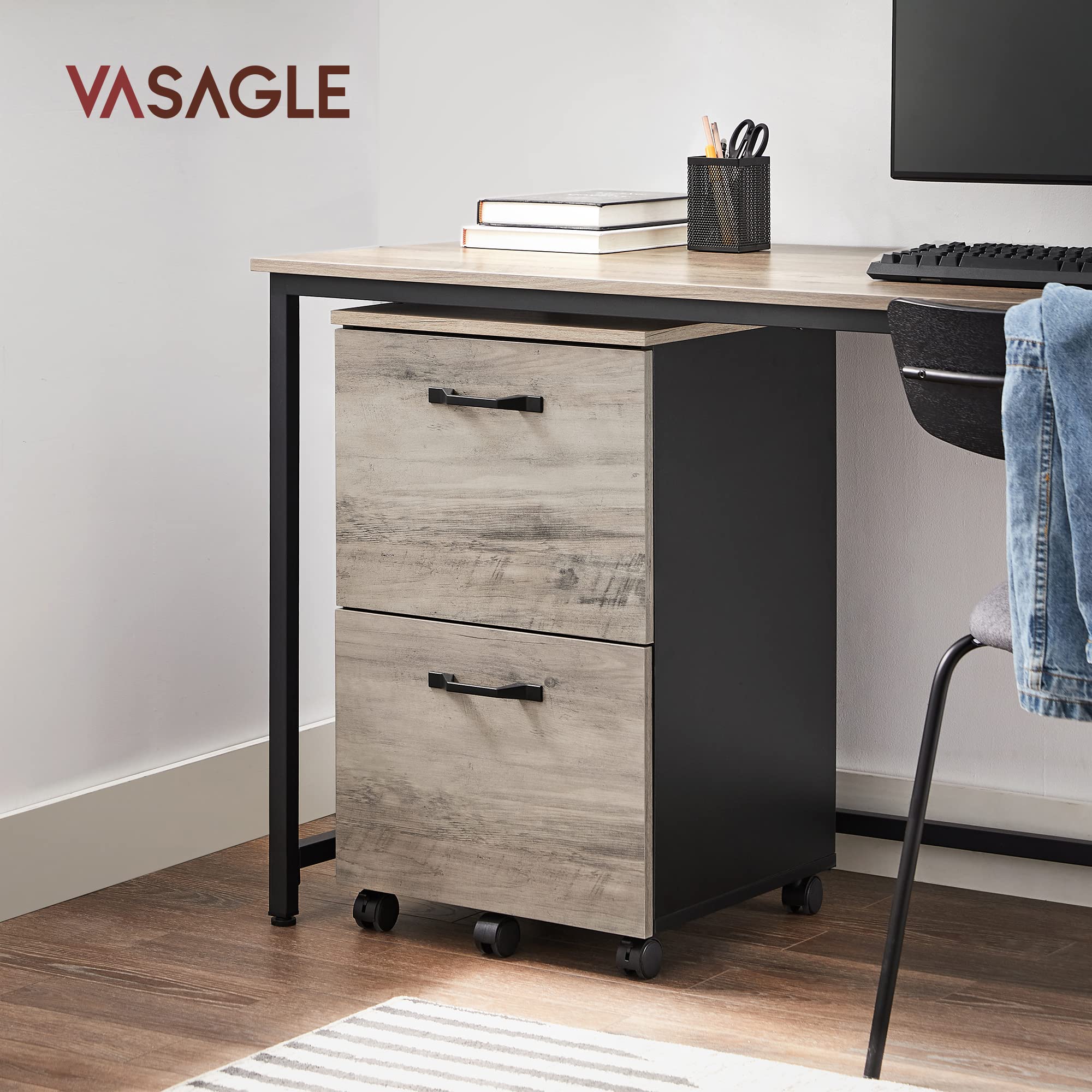 VASAGLE 2-Drawer File Cabinet, Filing Cabinet for Home Office, Small Rolling File Cabinet, Printer Stand, for A4, Letter-Size Files, Hanging File Folders, Industrial, Greige and Black UOFC040B02