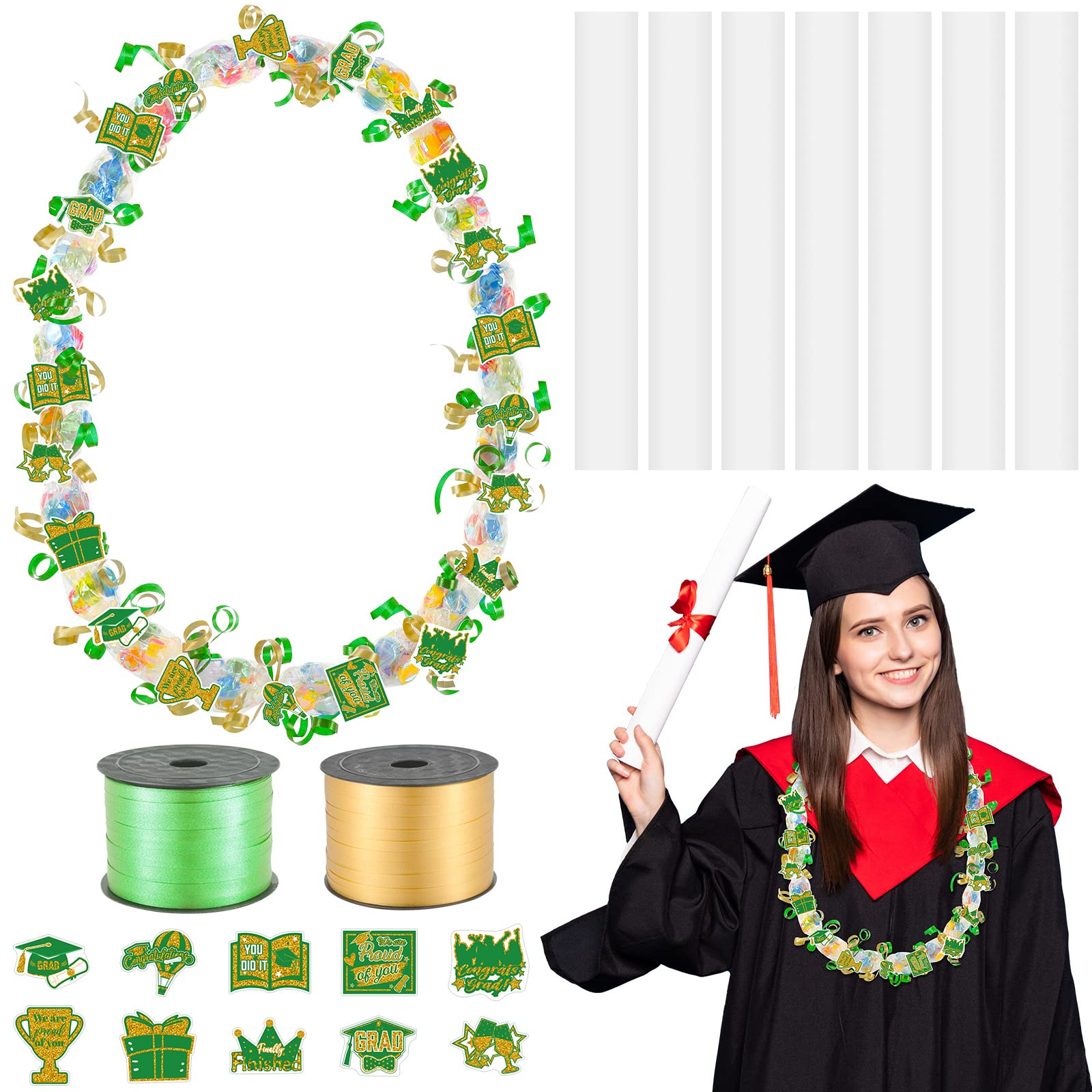 Photo 1 of Teling 60 Set Graduation Candy Lei Making Kit Hawaiian Candy Lei Tubing Kit Includes 60 Pcs Candy Lei Bags 2 Rolls Ribbons 600 Pcs Paper Cut for Graduation Party Gift(Dark Green, Gold)