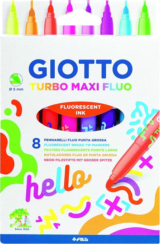 Turbo Maxi, marcadores de ponta de fibra de tinta fluorescente, ponta larga, 5 mm de chumbo, cores variadas Fluo, 8 unidades