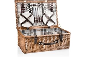 PICNIC TIME Newbury Wicker Picnic Basket Set for 4 Persons, (Navy Blue & Burgundy Plaid Pattern)
