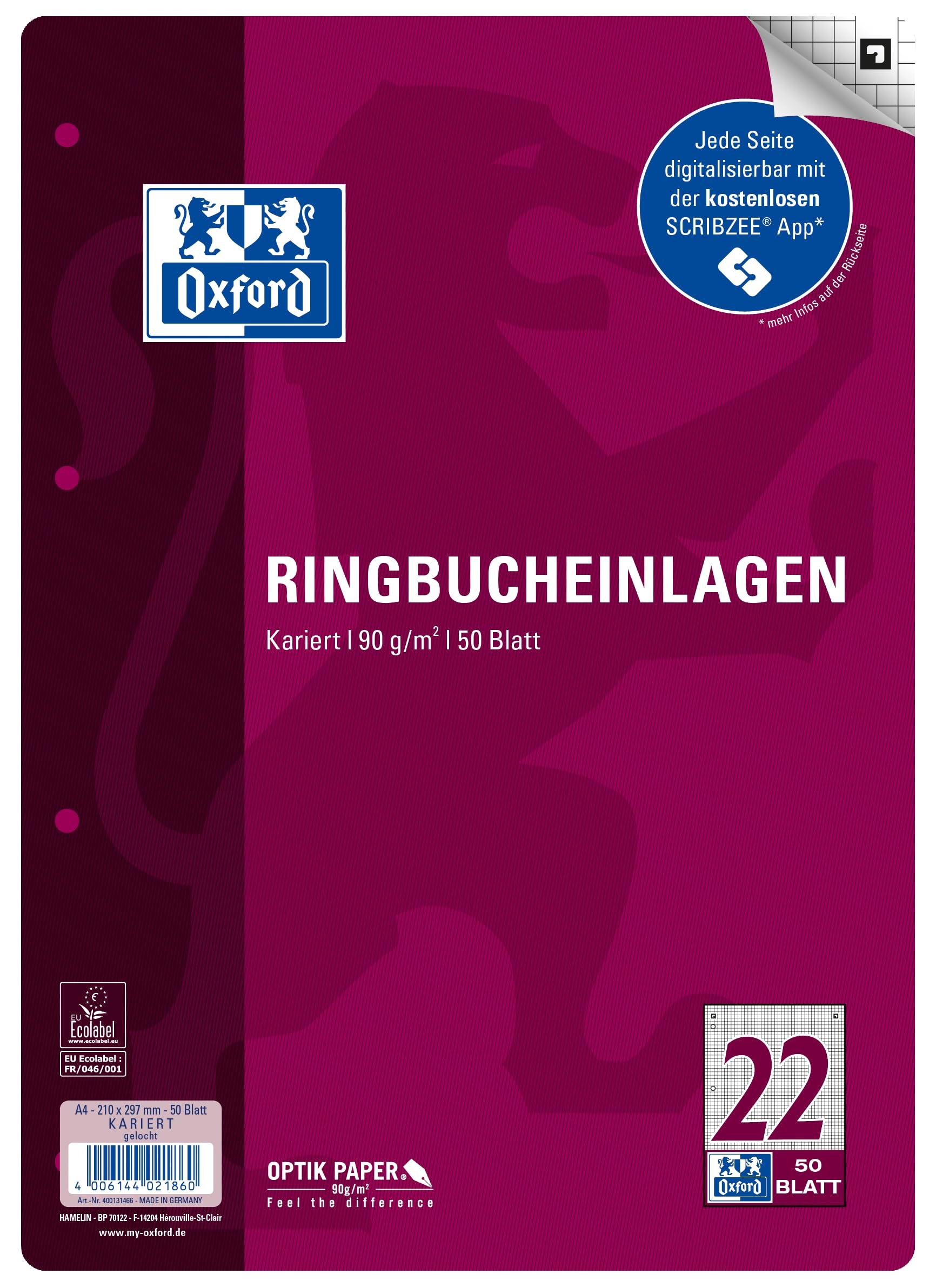 Oxford 400131466 Ring Binder Inserts A4 50 Sheets Line Style 22 Squared Without Margin 90 g/m² Paper SCRIBZEE Compatible