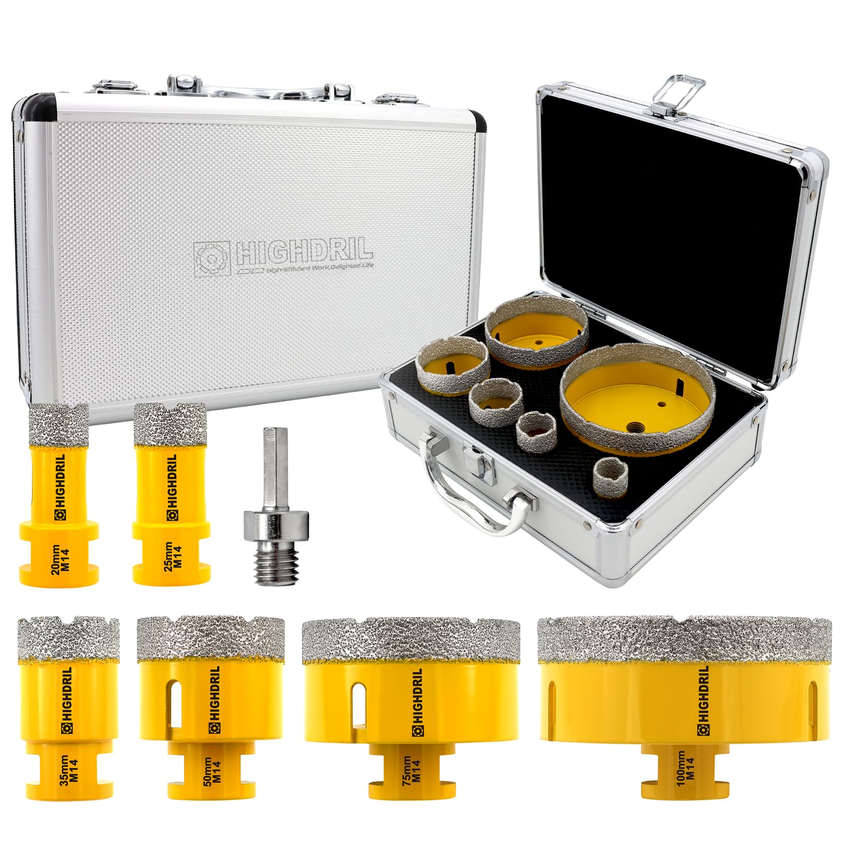 HIGHDRIL Diamond Hole Saw Kit - 20/25/35/50/75/100mm Drill Bits+Adapter,7Pcs Diamond Core Drill Bit Set for Porcelain Ceramic Tile Granite Marble — image 1
