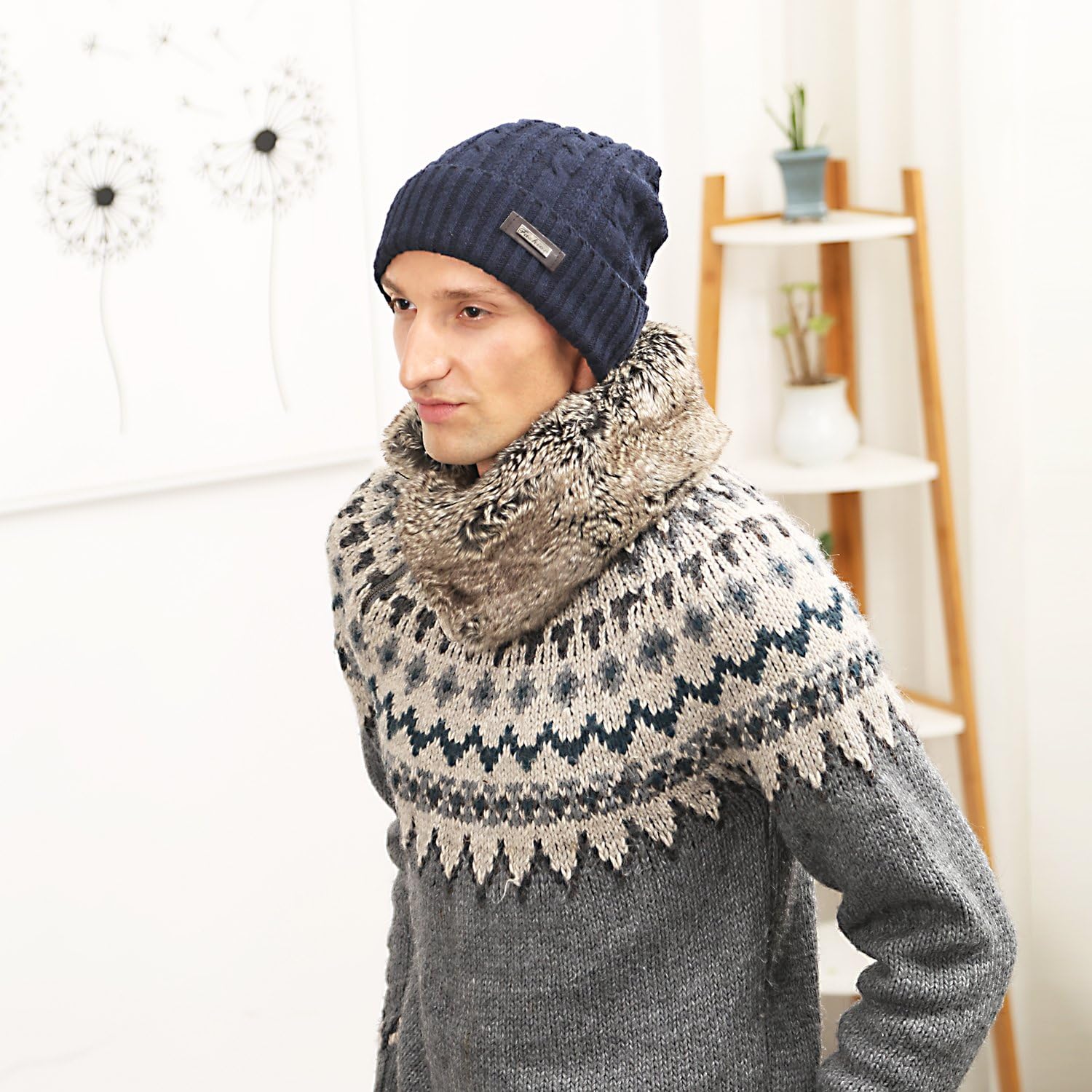 HIG Mens Winter Hat Warm Comfortable Soft Knit Beanie Hats Lined with Fleece (Blue): Clothing