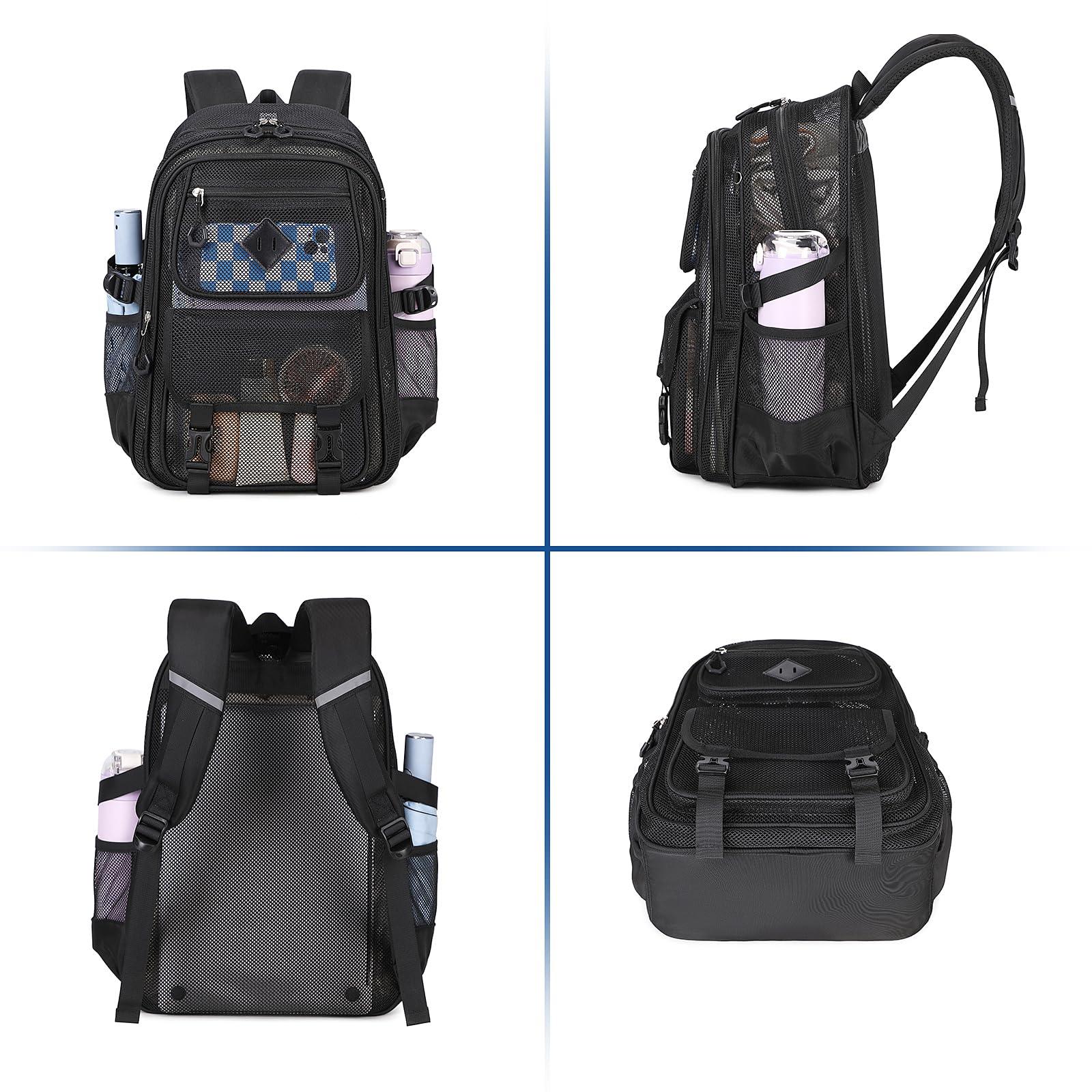 Mesh Backpack, 17in Heavy Duty See Through Backpack Ultra-Lightweight Net Bookbag Breathable Transparent Beach Backpacks for School Sports Gym, Black