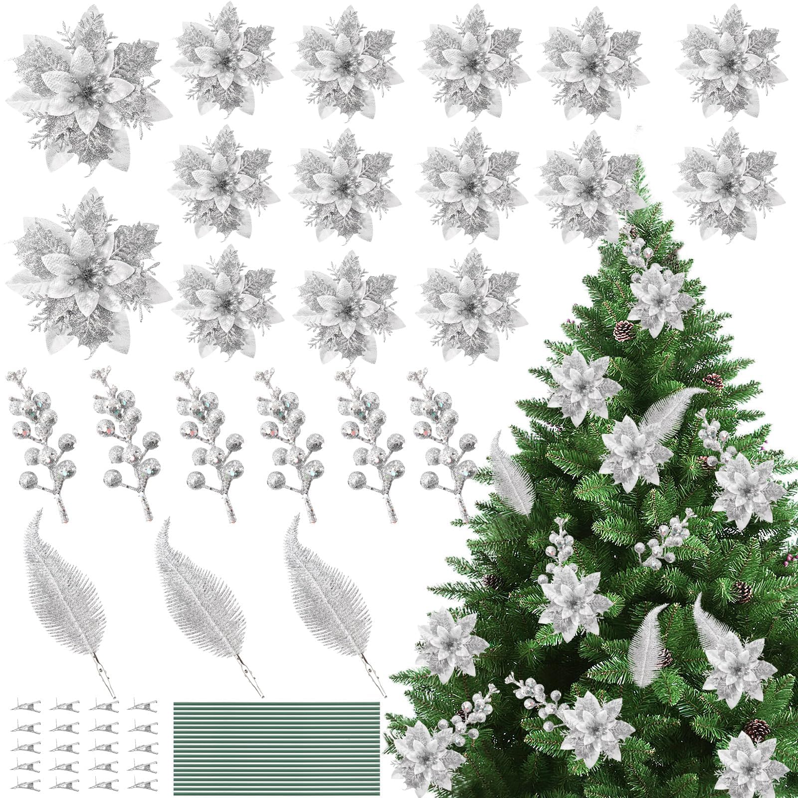 JULBEAR 25 Pcs Christmas Glitter Poinsettia Artificial Flowers, Christmas Tree Flower Decorations and Berry Leaves for Xmas Wreath, Wedding Party Decorations (Silver)