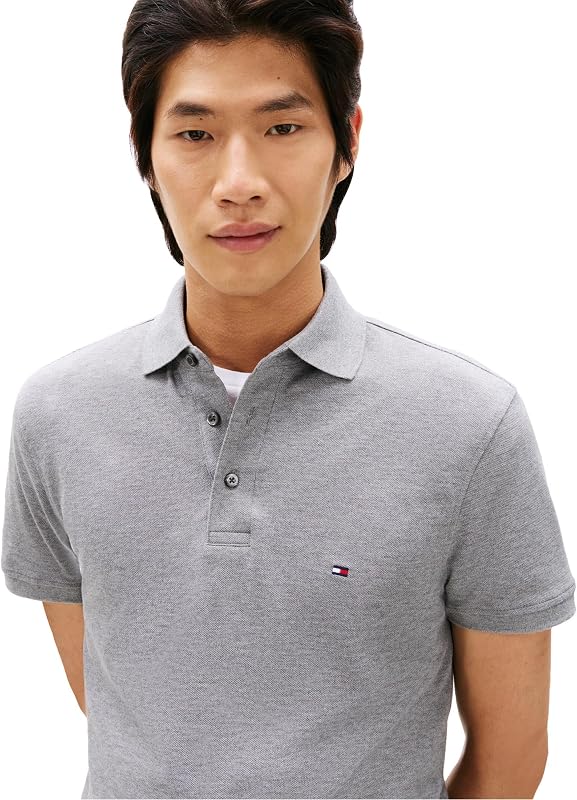 Polo à Manches Courtes pour Homme en Coton piqué Stretch et Bio Coupe ajustée, Gris chiné Moyen, Taille M — photo 2 sur 4