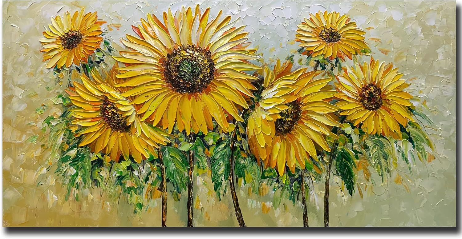 Paintings - AZAVY ART,24X48 Inch 3D Hand Painted Abstract Blooming Sunflower Oil Painting On Canvas Textured Floral Artwork Canvas Paintings Stretched and Framed Ready to Hang