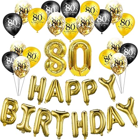 Amazon Trgowaul 80th Happy Birthdayバルーン バナー 3dゴールドレタリング インフレータブルマイラーホイル文字と15個のブラックとゴールドのラテックスバルーン パーティー装飾 再利用可能なイベントデコレーション パーティーグッズ おもちゃ