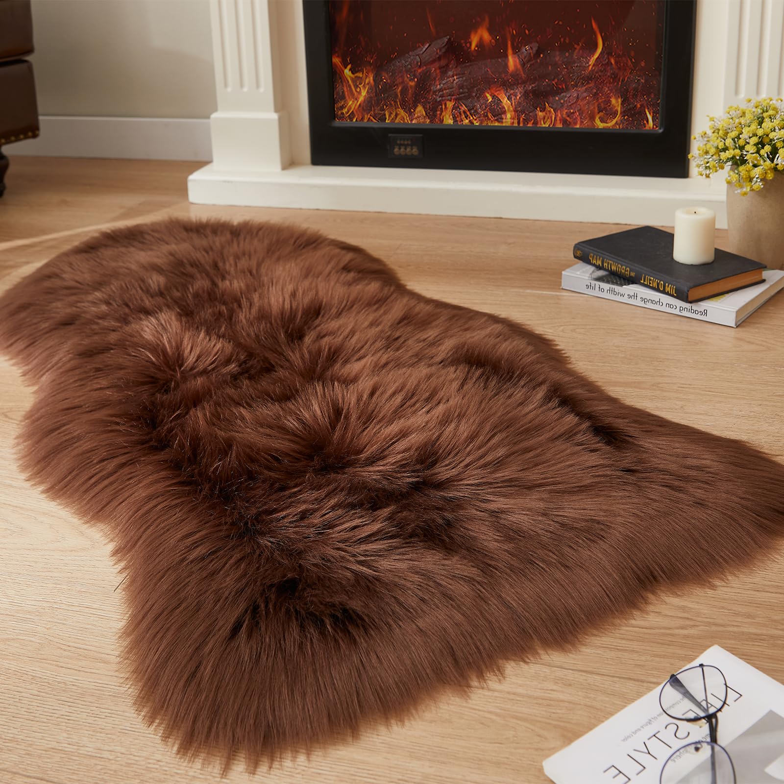 Photo 1 of EasyJoy Ultra Soft Fluffy Shaggy Area Rug Faux Fur Rug Chair Cover Seat Pad Fuzzy Area Rug for Bedroom Floor Sofa Living Room (2 x 4 ft Sheepskin, Coffee)