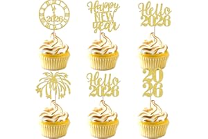 ZHUOWEISM 30 PCS Happy New Year 2026 Cupcake Toppers Glitter Cheers to 2026 Fireworks Clock Hello 2026 Cupcake Picks Happy New Year Holiday Theme Party Cake Decorations Supplies Gold