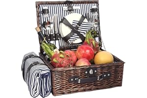 HYBDAMAI Picnic Basket for 4 Persons with Waterproof Picnic Blanket and Insulated Cooler, Large Wicker Picnic Basket for Camping, Outdoors, Valentine's Day, Christmas, Birthday, Wedding Gift
