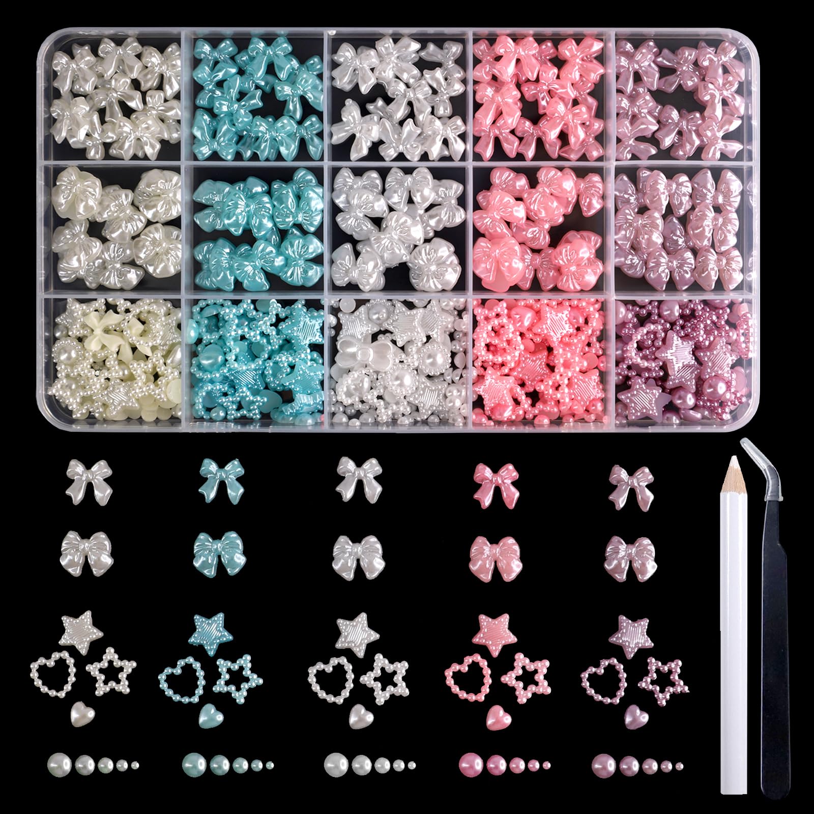 Photo 1 of 3D Nail Charms Flatback Pearls Set,Pink Green Bow-Knot Nail Rhinestones&Purple White Heart Moon Star Nail Pearls&1.2-5mm Nail Pearls Colorful Jewels for Manicure DIY Crafts Jewelry Accessories