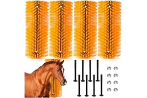 Newtay 4 Pcs Yellow Scratch Brushes for Livestock - 20 x 8 Inch Anti-Itch Tool with Scratcher Post, Screws and Nuts for Sheep, Cattle, Horses, Pigs