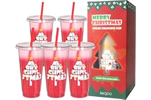OZMOJOO Christmas Color Changing Cups with Lids and Straws, Reusable Tumblers for Cold Drinks, 5 Pack Holiday Gift Party Cups for Kids, Teens & Adults, 24 oz, Red