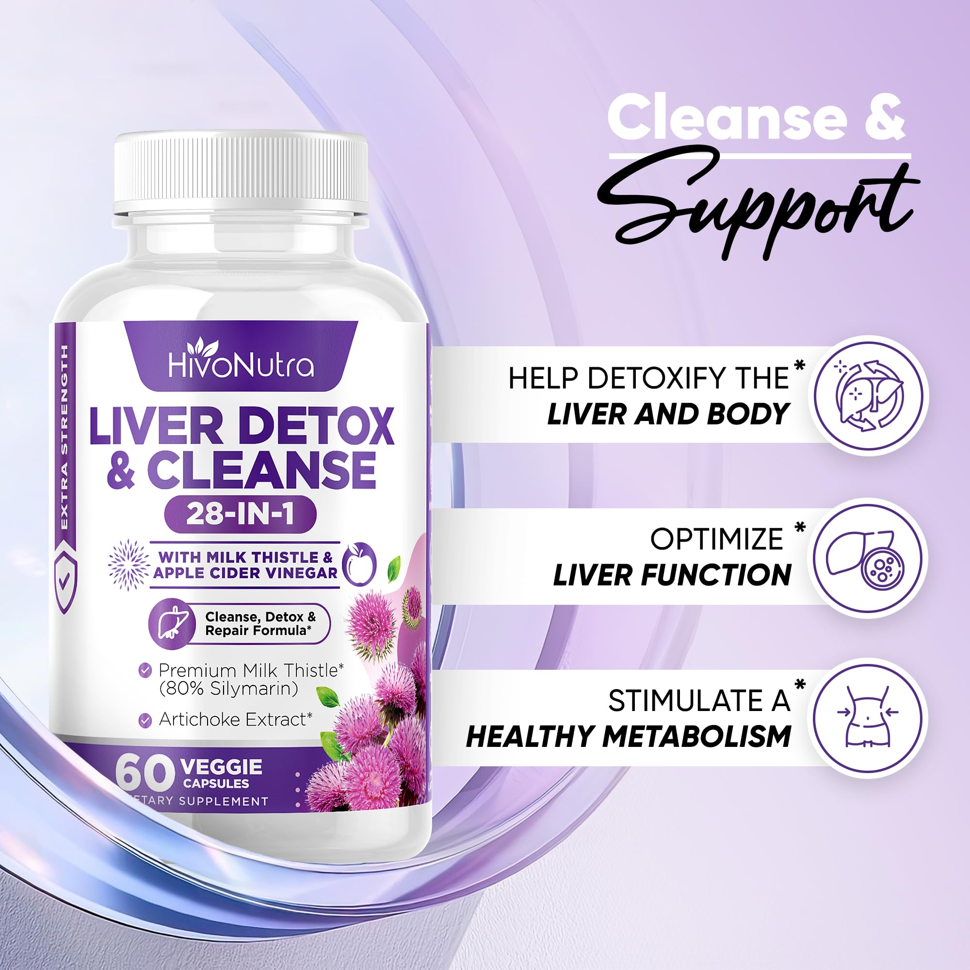 HivoNutra 28-in-1 Liver Cleanse Detox & Repair Supplement - Milk Thistle Silymarin, Artichoke Extract Dandelion & Apple Cider Vinegar, Astragalus - Liver Health Formula Support Pills Vegan Capsules
