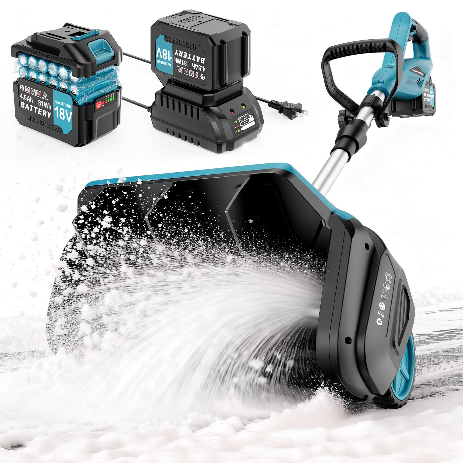 Photo 1 of 17-Inch Cordless Snow Shovel with Wheels, 9000mAh Brushless Electric Snow Blower Battery Powered, 20-30 Ft Snow Thrower Distance&Adjustable Plate, Snow Removal for Driveway Deck Sidewalks