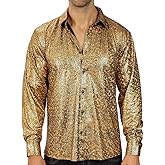 WULFUL Men Dress Shirt Sequins Long Sleeve Button Down Shirt Luxury Disco Party Nightclub Christmas Prom Costume