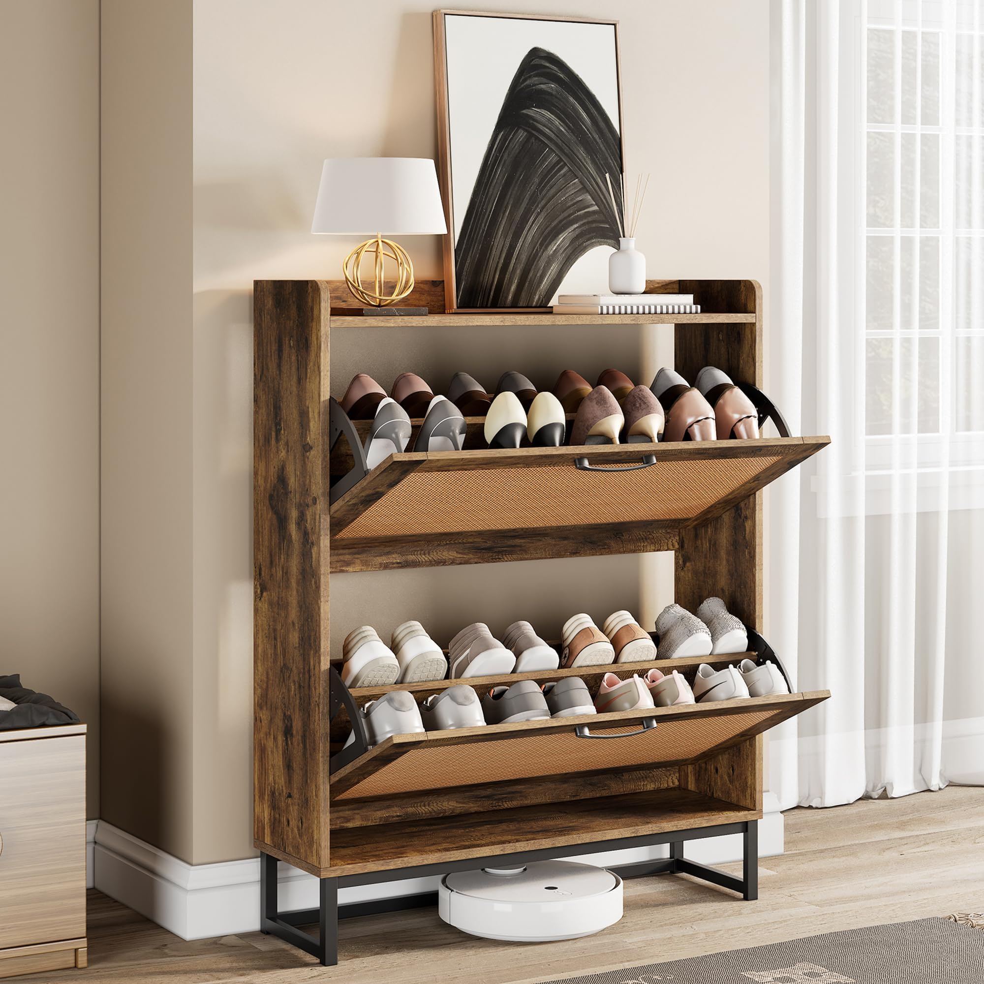 EQKK Shoe Storage Cabinet with 2 Flip Drawers, Freestanding Shoe Rack for Front Door Entrance Slim W
