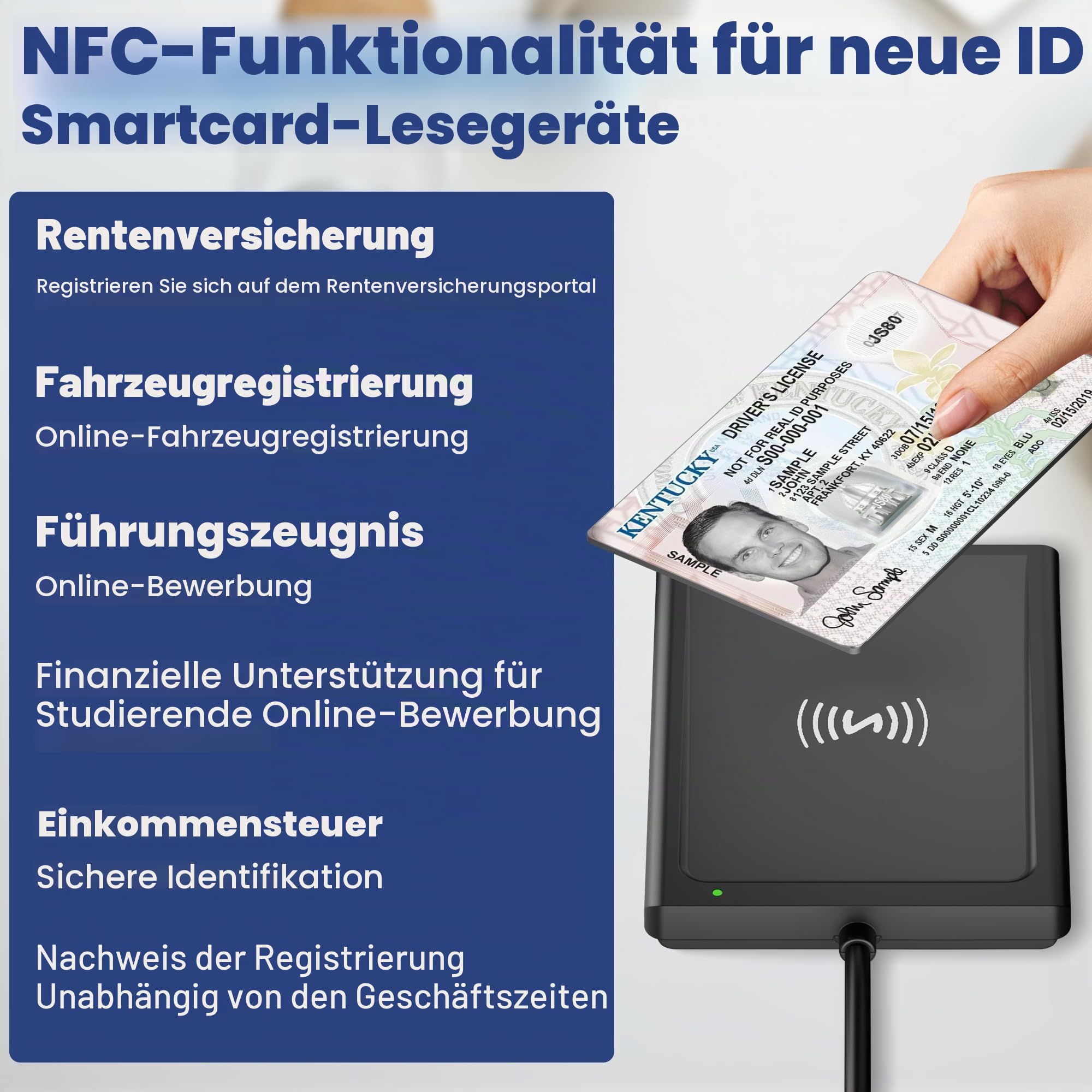 USB‑A & USB‑C Chipkartenleser mit NFC, SmartCard Reader DOD Military Kartenlesegerät für den Neuen Personalausweis, Bankkarten, kompatibel mit Windows, macOS, Linux, Android & PC – 95 cm Kabel 4