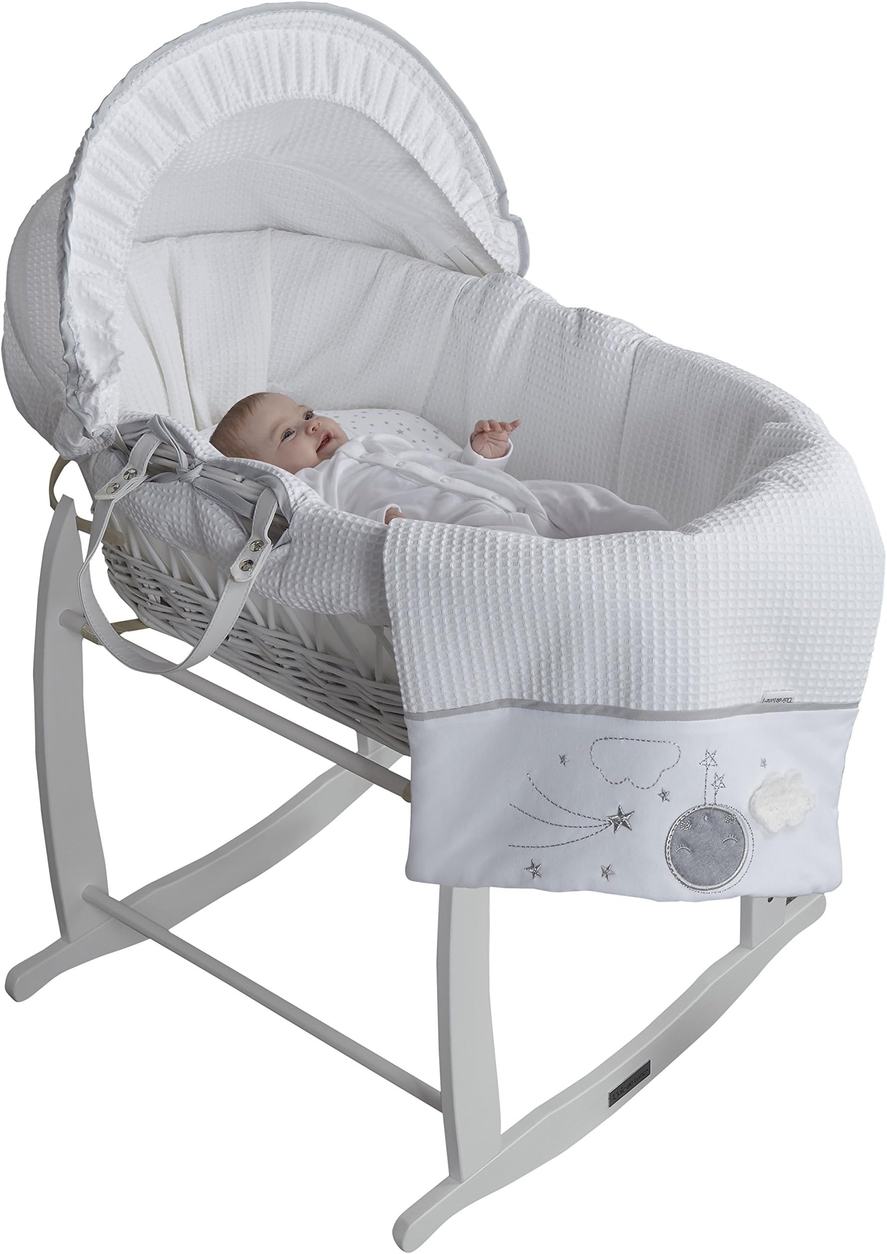 Clair de Lune Over The Moon White Wicker Moses Basket (Grey)