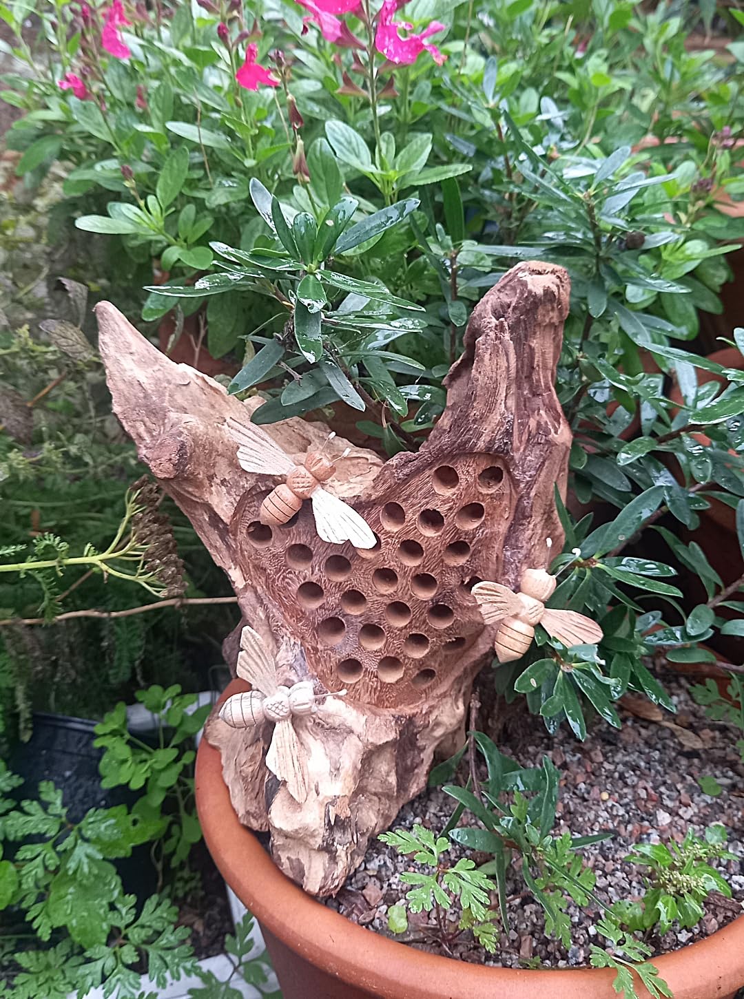 Inspirational Gifting 25cm Bug Bee Insect Hotel in Teak Wood featuring Carved Bees! A beautiful ornamental bug hotel for your garden patio or terrace!