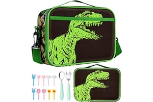 Swooflia Lunch Bag Box For Kids Girls Boys School Preschool Kindergarten Dinosaur Green Insulated Cooler Lunchboxes Reusable Lunch Kit Pail 5.3L With Fork Spoon Food Picks for 4-12 Years Old