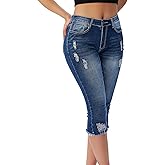 roswear Women's Capri Pants Mid Rise Skinny Ripped Stretchy Cropped Distressed Jeans