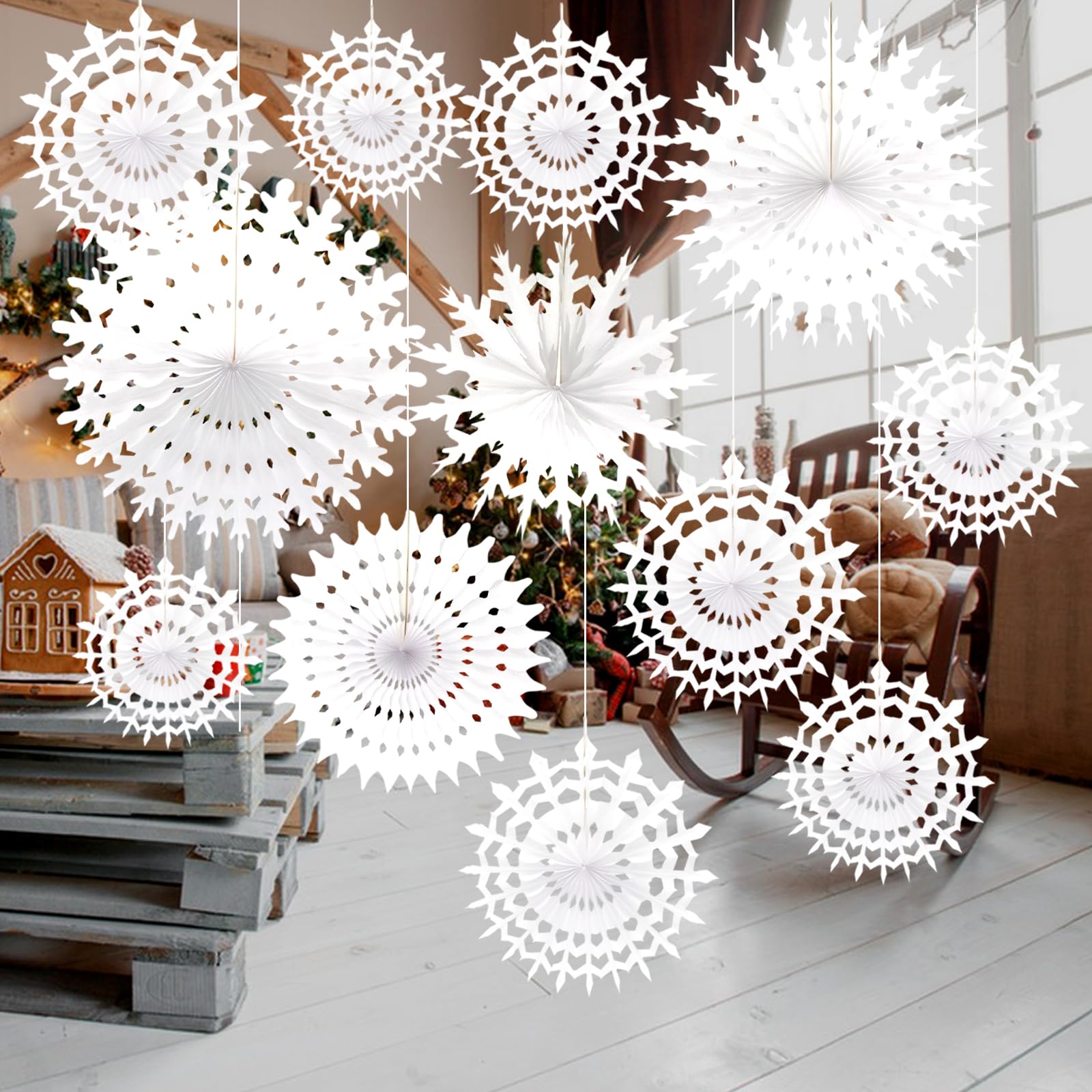 Paper Christmas Decorations, 12PCS White Snowflakes Fans Decorations Christmas Paper Snowflakes Hanging Decoration for Winter Home Christmas Wedding Decorations