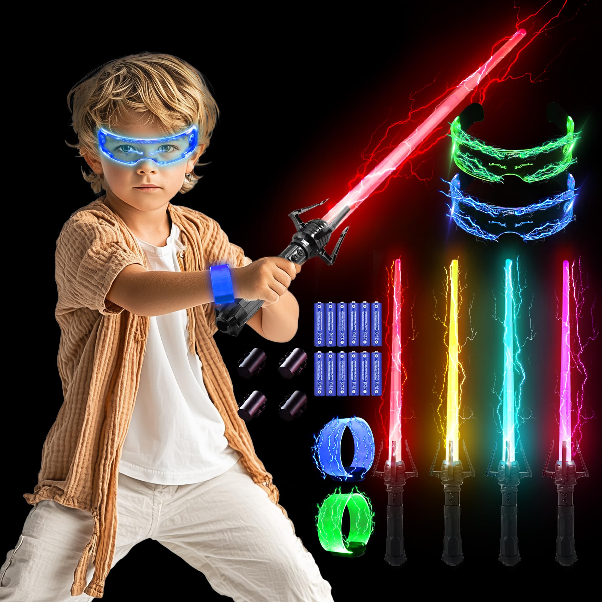 Photo 1 of Sanco  Sabers Set for Kids - 4 Pack 7 Colors Retractable Mechanical Claw Power Swords with FX Sound, 2PCS LED Glasses & Wristbands, Glowing Toys for Halloween, Birthday Gifts for Boys & Girls