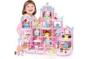 randhar Doll House for Girls, Dream Dollhouse 4-Story 15 Rooms with 2 Dolls, Lights, Animals, Furniture and Accessories, Pretend-Play Toddler Playhouse Gift for 3 4 5 6 7 8 9 10+ Year Old Girls Toys