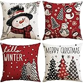 OTOSTAR Christmas Throw Pillow Covers 18x18 Inch Set of 4, Christmas Tree Snowman Farmhouse Decorative Red Pillow Cases Hello Winter Holiday Xmas Cushion Covers for Sofa Bed Couch