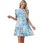 Women Floral Mini Dress Short Sleeve Stand Collar Button Up Elegant Work Swing Short Pleated Dress