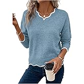 SOLY HUX Women's V Neck Sweater Long Sleeve Drop Shoulder Scallop Knit Pullover Jumper Tops