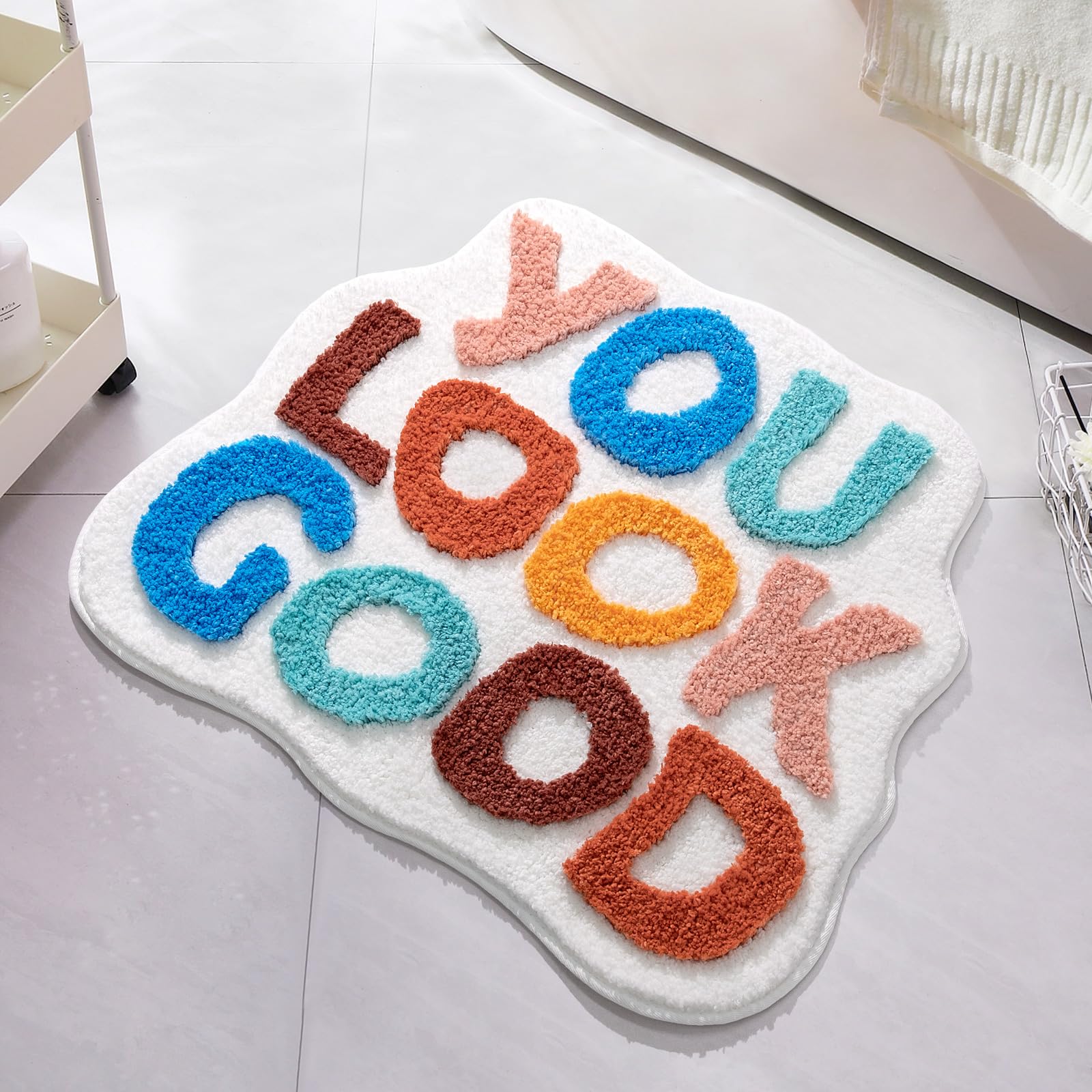 Photo 1 of UNIBATH You Look Good Bath Mat White Bathroom Rugs Funny Cute Bathroom Decor Preppy Small Cool Rug Non Slip Microfiber Washable Absorbent Shower Rug, 25”x21”