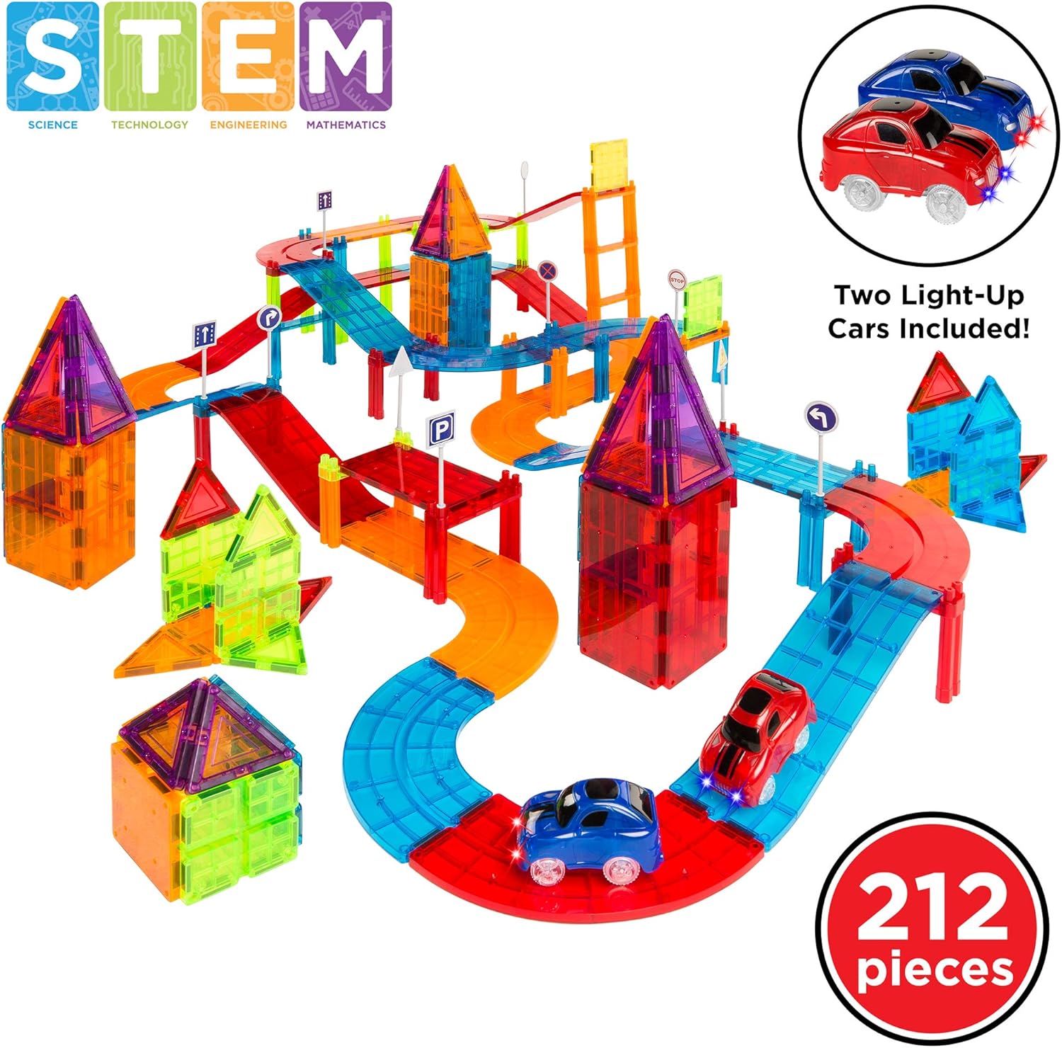 Best Choice Products 212-Piece Kids Magnetic Tile Car Track STEM Learning & Building Toy Set w/ 2 Light-Up Cars, Traffic Signs, Stickers