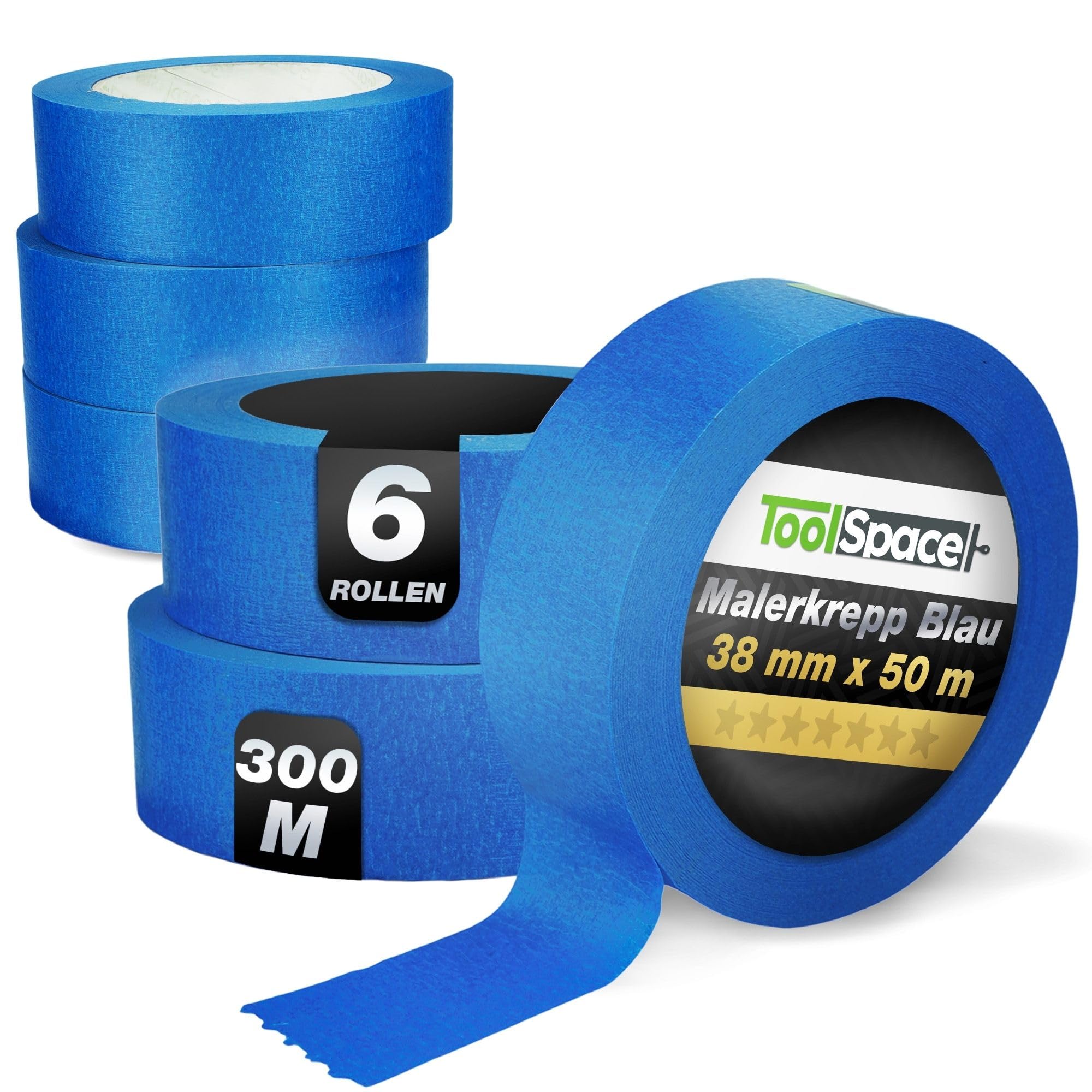 ToolSpace Crepe Tape - Blue Painter's Tape Set - Professional Painter's Tape for Renovation Work - Masking Tape for Painting - Solvent Free - 38mm / 50m Roll Set of 6 150m