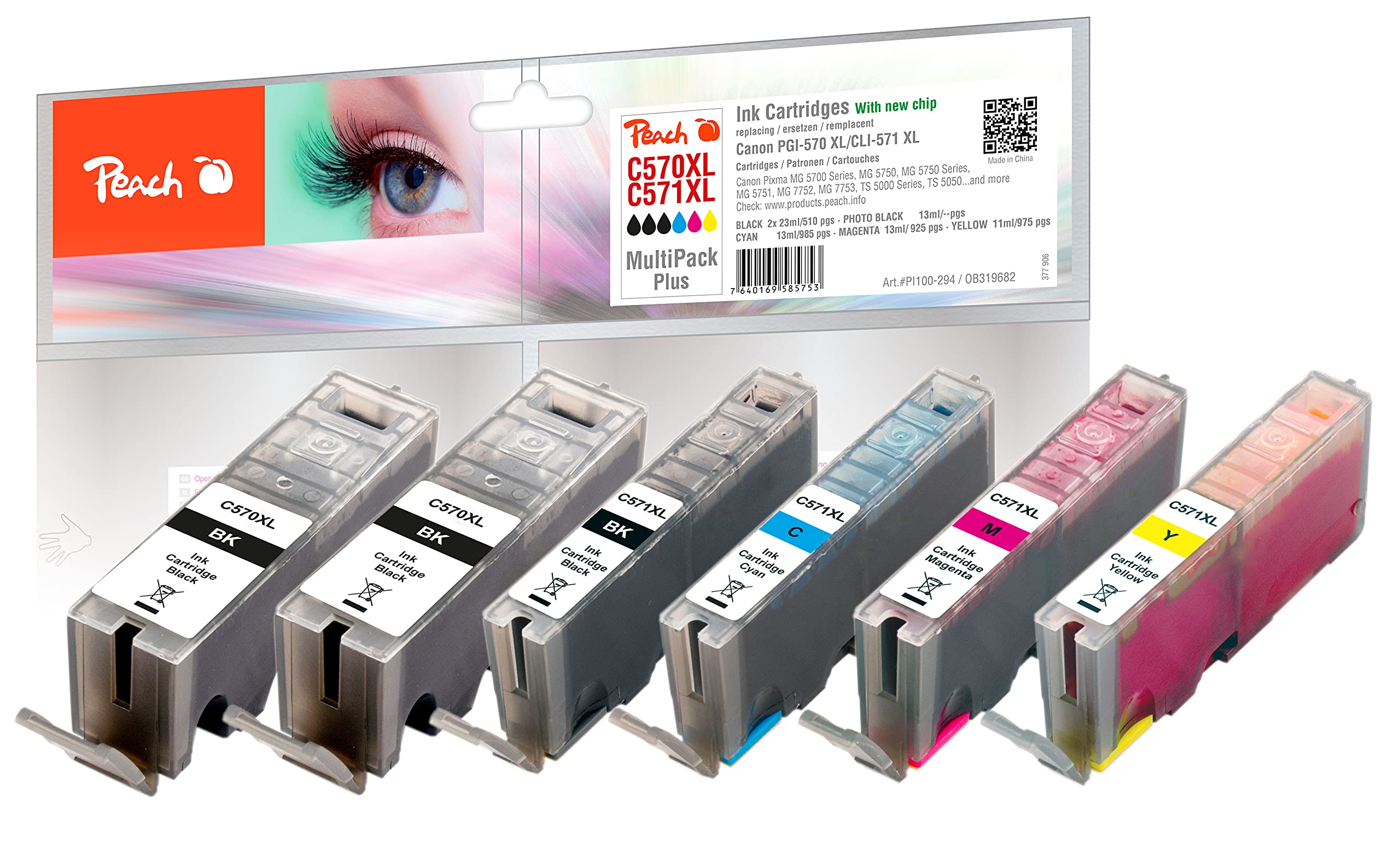 Peach Ink Cartridge XL, Black; Compatible with Canon Multi-Pack XL Cyan, foto Schwarz, Gelb, Magenta, Schwarz, Schwarz