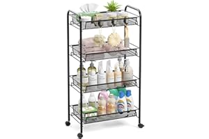 TOOLF 4-Tier Rolling Cart, Metal Utility Cart with 3 Hooks, Easy Assemble Mobile Storage Trolley On Wheels, Metal Shelving Units Kitchen Bathroom Laundry Room