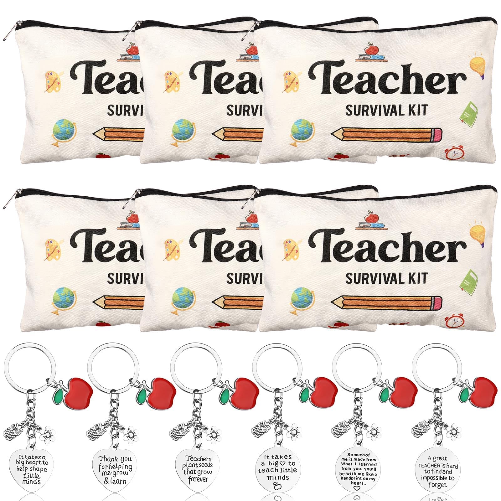 12 Pieces Teacher Appreciation Gifts Set 6 Teacher Survival Kit Makeup Pouch Canvas Cosmetic Bag Toiletry Bag for Travel and 6 Teacher Keychains Appreciation Key Ring for Women (Classic)