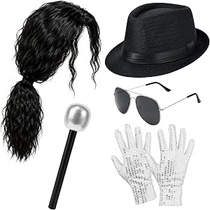JcHrmers 70s 80s Pop Star Costume Disco Outfits Include Wig Hat Sequins Gloves Sunglasses and Microphone for Men Women Hallow