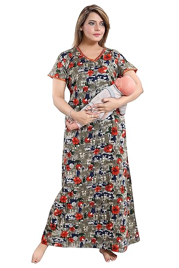 Women's Beautiful Flower Print Feeding/Maternity Cotton Nighty/Night Gown(Size:Free Length:54