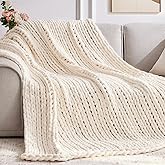 Negwoo Chunky Knit Throw Blanket, 60''*80'' Knitted Throw Chenille Yarn for Bed Couch, Handmade Cream Crochet Big Thick Blanket, Machine Washable Cute Comfy Blanket for Home Decor