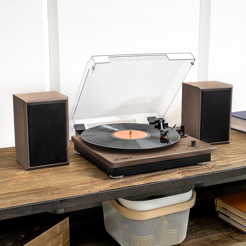 Montauk – Platine Vinyle à Courroie 3 Vitesses avec Haut-parleurs stéréo Bluetooth, Sortie RCA, Prise Casque 3,5 mm, Couvercle Amovible (Finition Noyer Rustique) — photo 2 sur 5