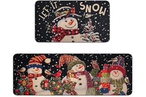 SDHINLWO Let It Snow Snowman Snowflake Winter Christmas Decorative Kitchen Mats Set of 2, Home Party Low-Profile Kitchen Rugs,Christmas Kitchen Mats for Floor 2 Pieces 17x30+17x47 Inch