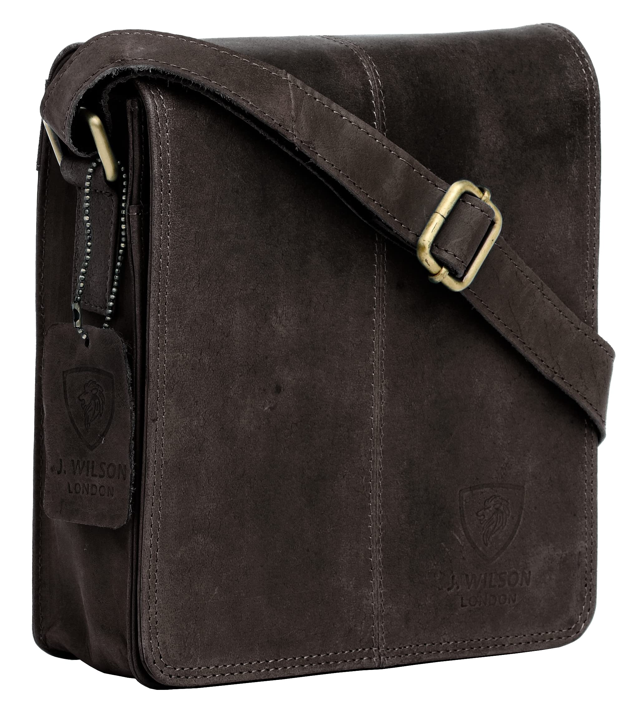 J. Wilson London 100% Pure Genuine Real Vintage Hunter Leather Handmade Mens Leather Flapover Everyday Crossover Shoulder Work Tablet Messenger Bag (Brown Distressed)
