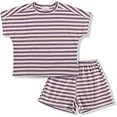 AngelBabies Girls 2 Piece Outfits Summer Girls Striped Batwing Sleeve Top and Short Sets 2-10Y