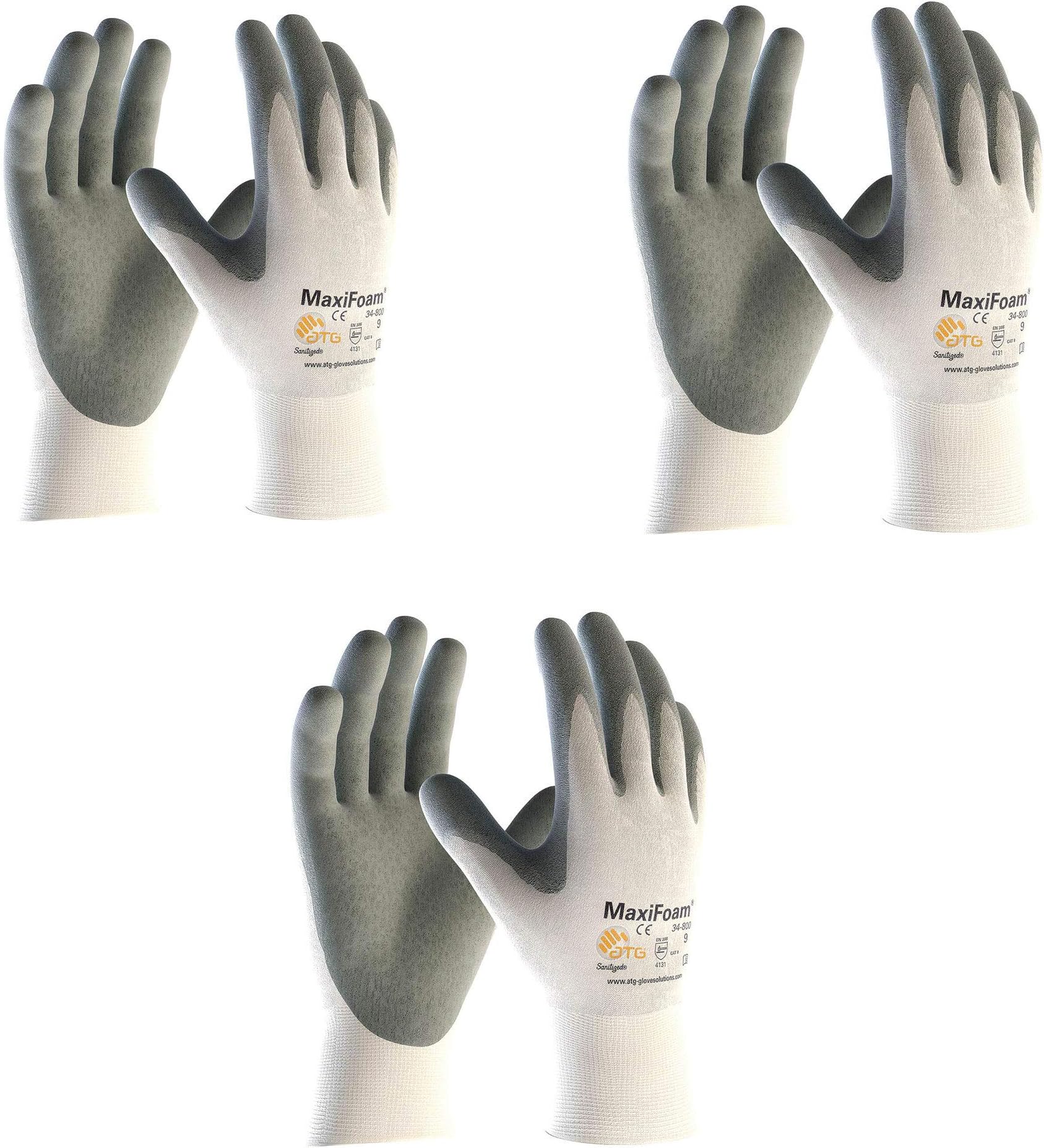 G-TEK 34-800 MaxiFoam Premium Foam Nitrile Coated Glove With Coated Palm & Fingers. Grey/White (3 Pair Pack) (Small)