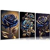 3pcs Blue And Gold Rose Canvas Wall Art Elegant Blooming Rose Floral Pictures Wall Decor Abstract Flower Posters Prints Paintings for Office Bedroom Bathroom Living Room Home Decoration Ready To Hang