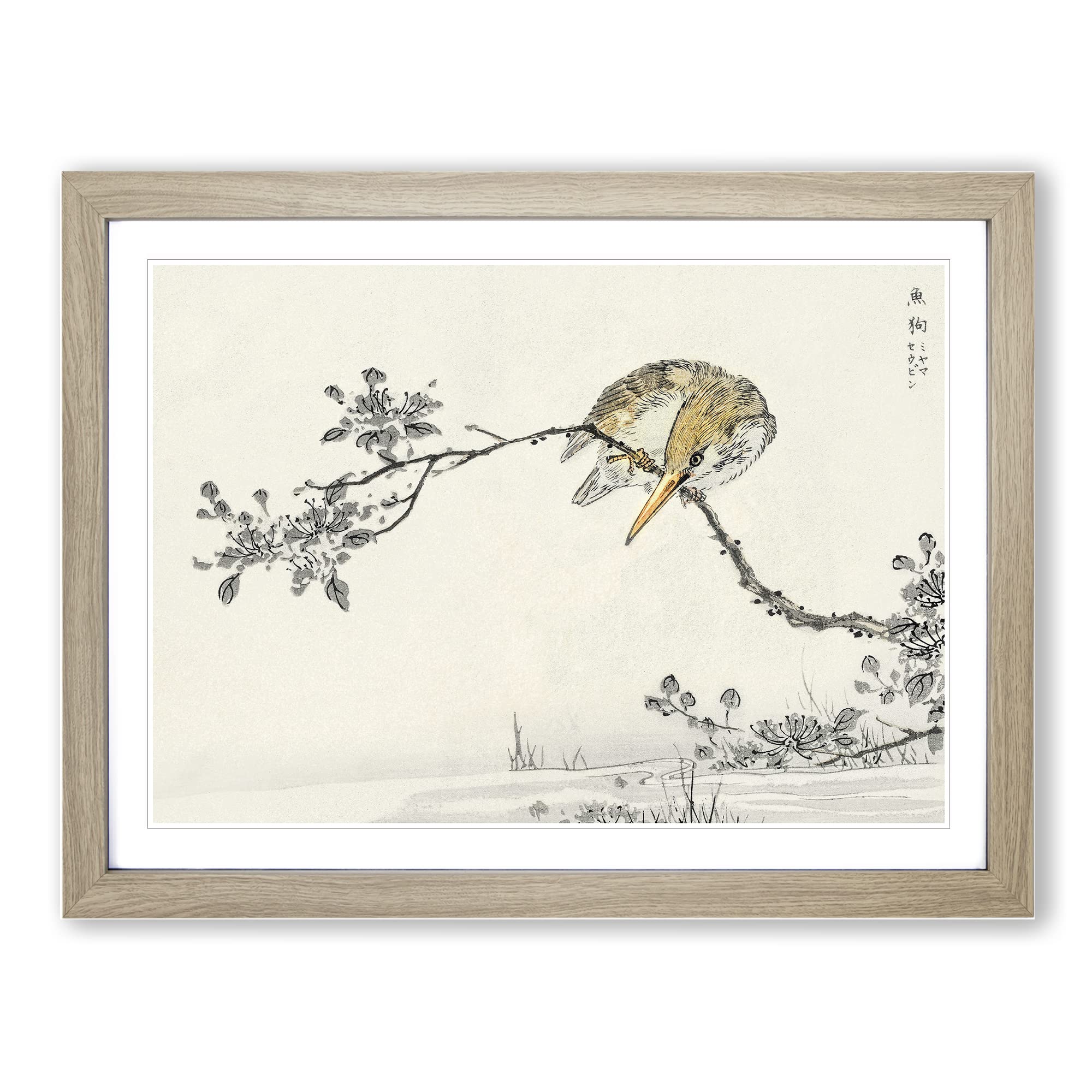 Pied Kingfisher By Numata Kashu Asian Japanese Framed Wall Art Print, Ready to Hang Picture for Living Room Bedroom Home Office Décor, Oak A4 (34 x 25 cm)