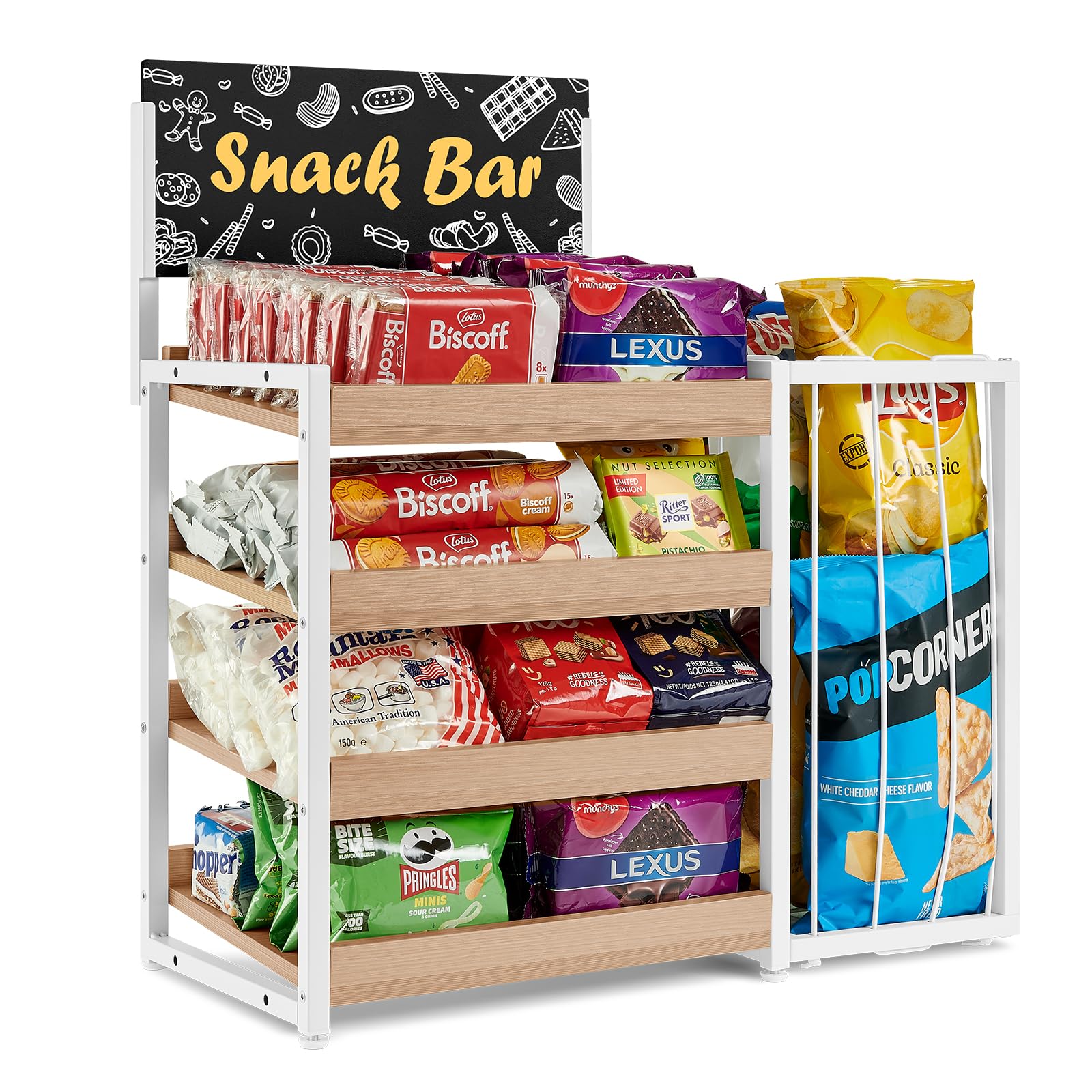 Photo 1 of Poyilooo Candy Display Rack, 4 Tier Snack Display forCountertop,Wooden Counter Snack Organizer FrameBasket, Potato Chip Display Retail Display Shelf for Office,Store, Counter, Kitchen (White)